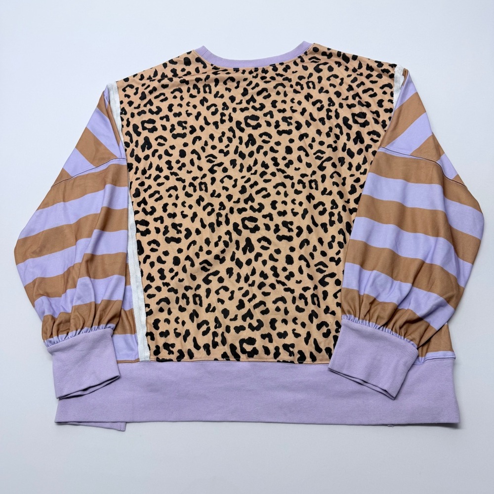 Mixed Media Leopard Striped Sweatshirt Lavender Tan XL Balloon Sleeve Split Hem - Picture 2 of 6